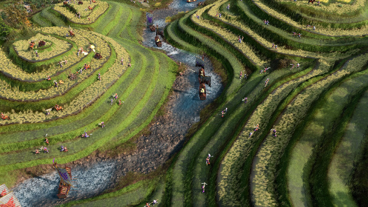Combats dans le nouveau biome de rizières de Yue Fei's Legacy