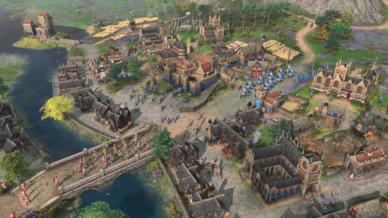 Ville écossaise dans Age of Empires IV Raiders of the North, avec les nouveaux bâtiments des Scots
