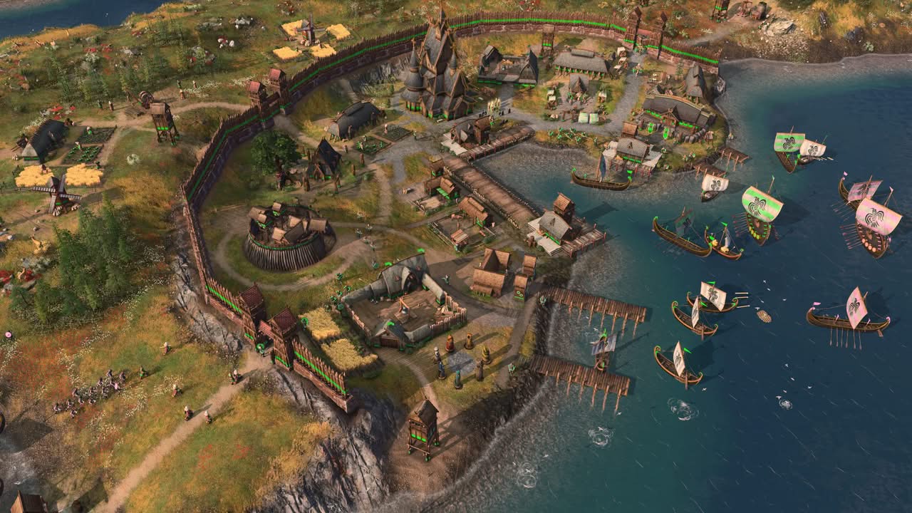 Village viking en bord de mer dans Age of Empires IV Raiders of the North, avec les nouveaux bâtiments de la civilisation