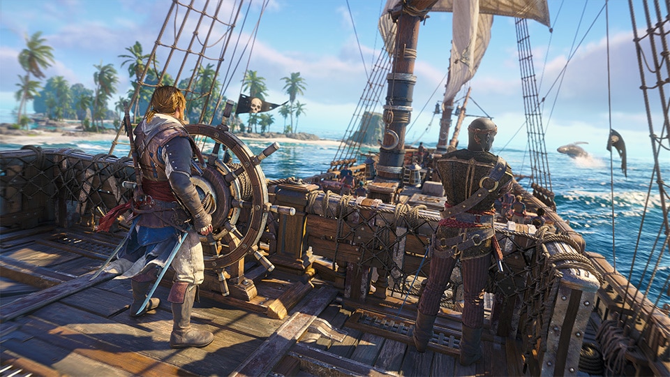 Edward Kenway et son second gérant fermement la barre du Jackdaw au milieu d'une mer agitée dans le remake Assassin's Creed Black Flag Resynced.