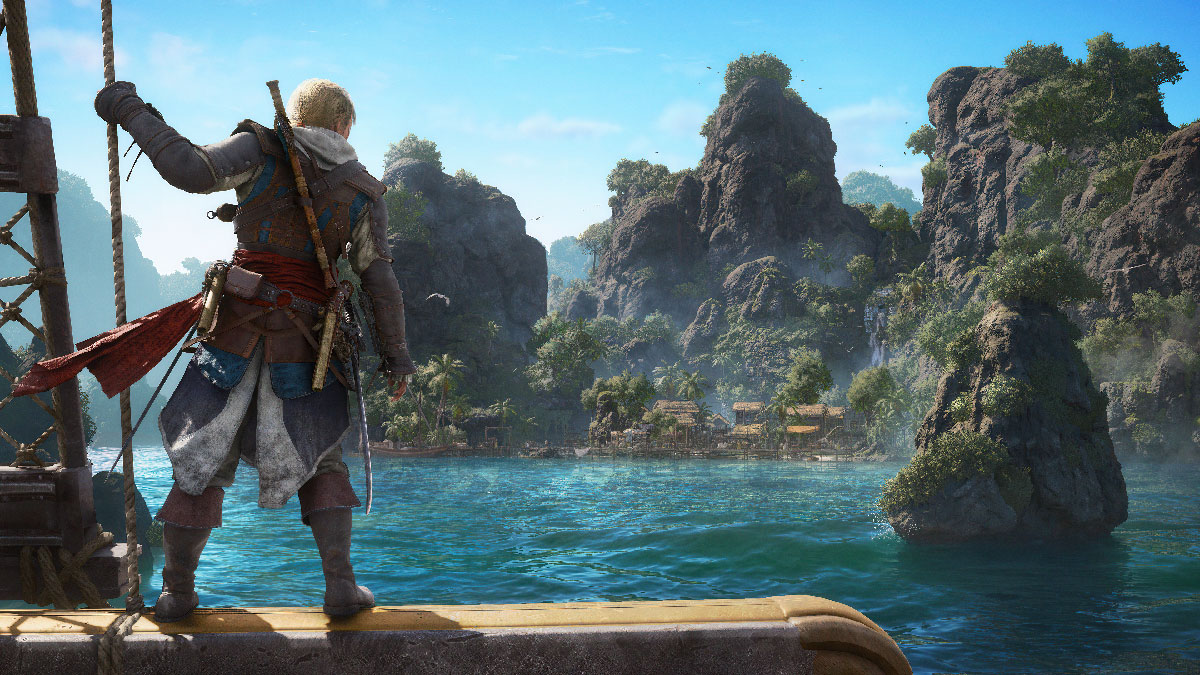 Kenway au bord de son bateau face à un village insulaire