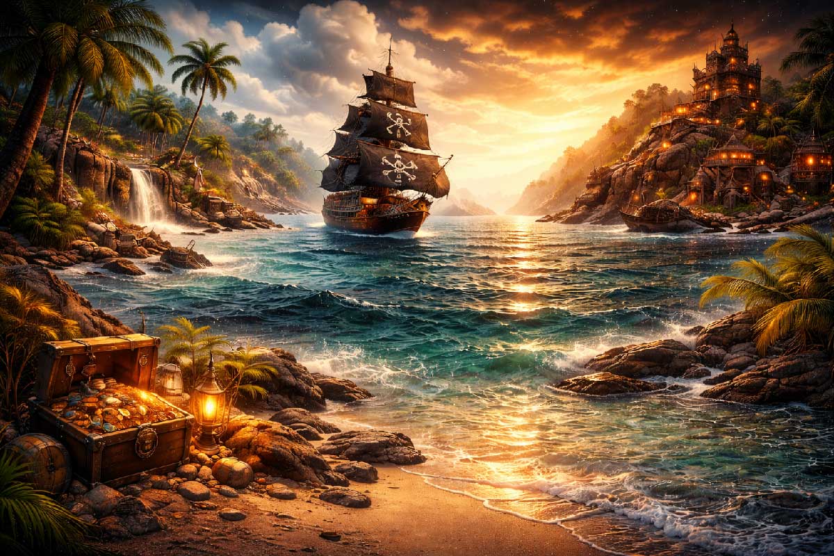 Baie pirate des Caraïbes avec bateau, cité et coffre au trésor - Assassin's Creed Black Flag 2026
