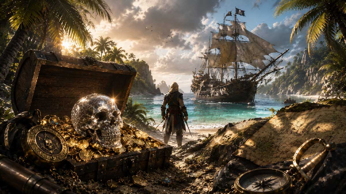 Edward Kenway on a Caribbean beach facing an open treasure chest filled with gold coins and a crystal skull, with his ship in the background