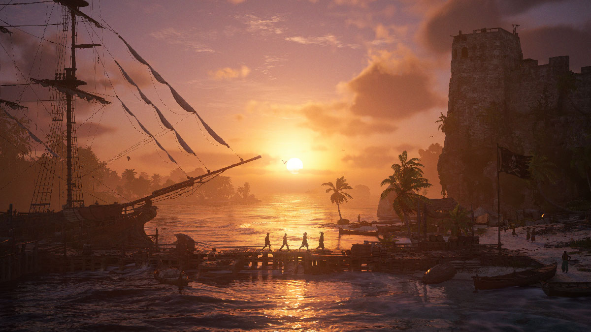 Kenway et son équipage débarquent au coucher de soleil, Black Flag Resynced