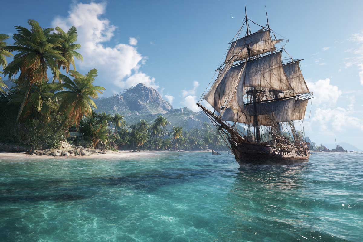 Navire pirate naviguant près d'une plage tropicale aux eaux bleues cristallines en 2026