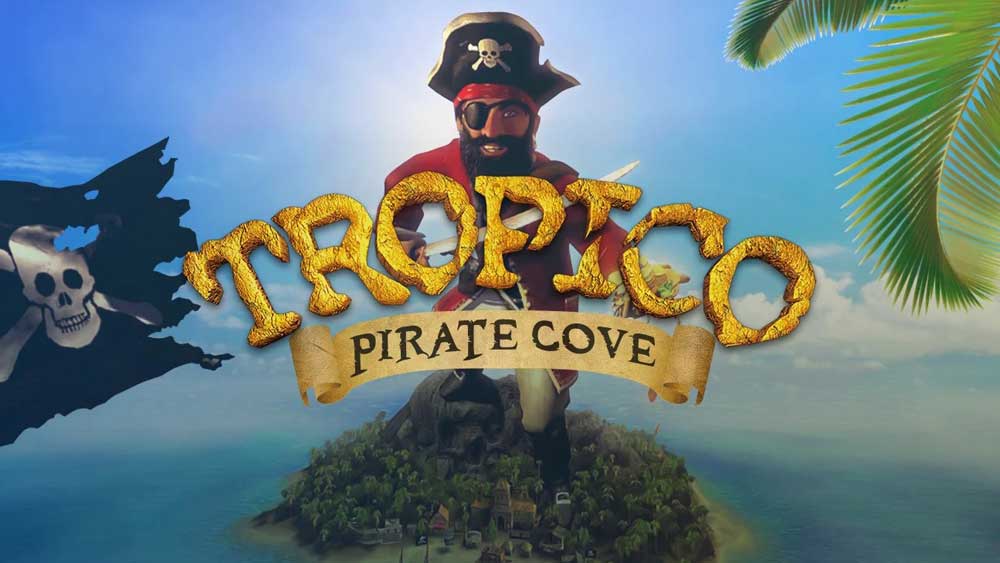 Jaquette de Tropico 2 Pirates Cove avec un pirate debout on une île