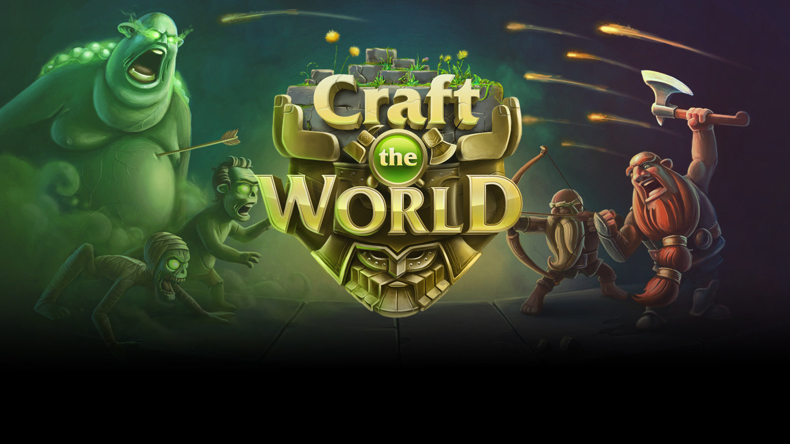 Logo de Craft The World montrant une armée de nains à droite face à une horde de morts-vivants à gauche