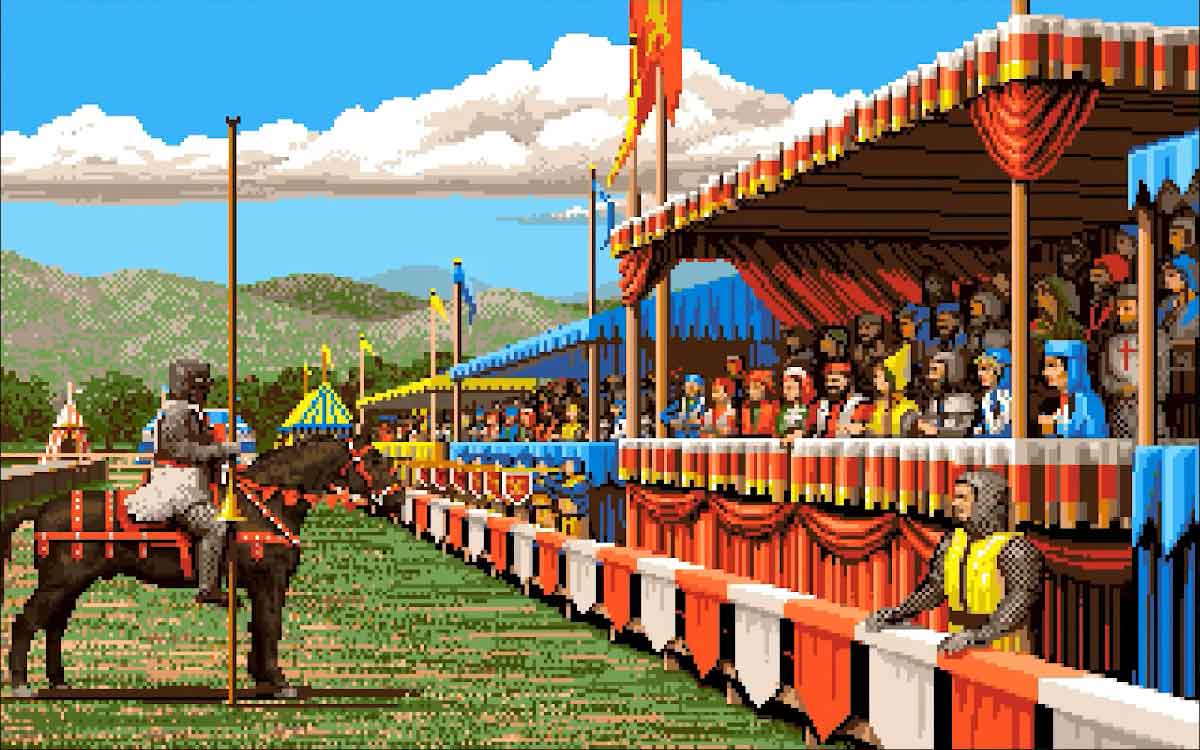 Defender of the Crown - Chevalier en armure sur son destrier lors d'un tournoi de joute devant les nobles saxons et normands