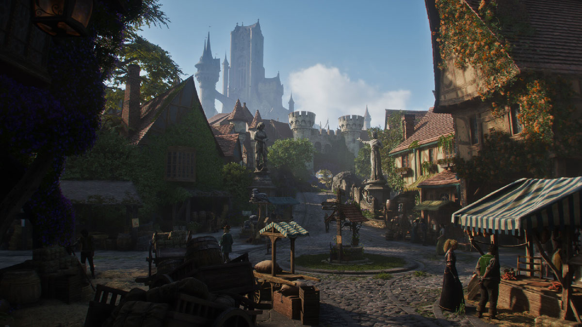 The Albion castle seen from the market square of a peaceful village in Fable