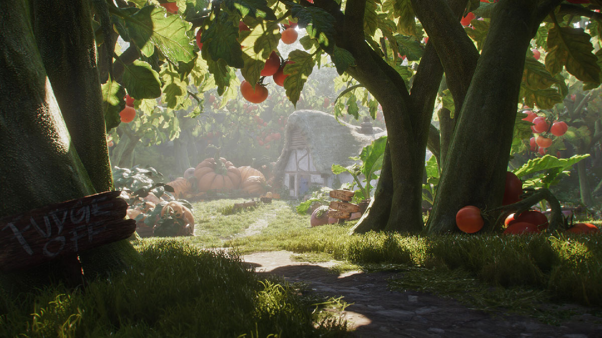 Peaceful life in Fable : house with giant pumpkins and oranges in a relaxing atmosphere