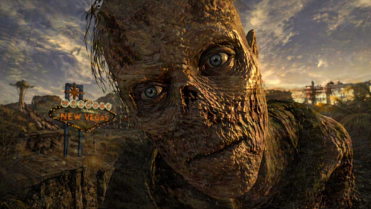 Goule de Fallout New Vegas en gros plan scrutant la caméra