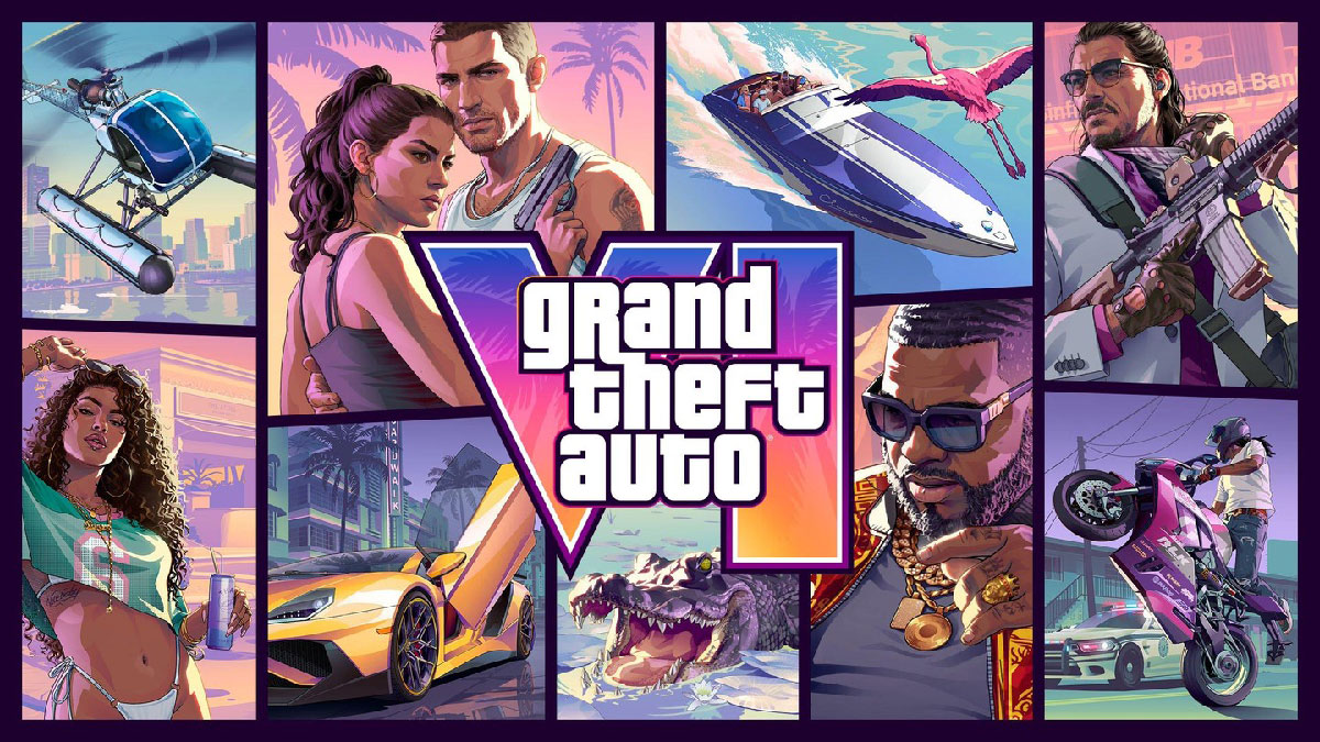 Jaquette officielle de Grand Theft Auto VI avec les personnages Lucia et Jason dans l'État de Leonida