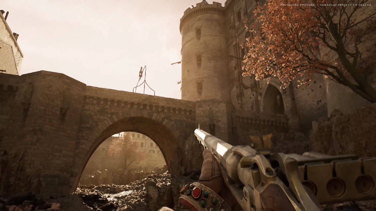 Vue FPS dans la cour d'un château avec un fusil d'époque