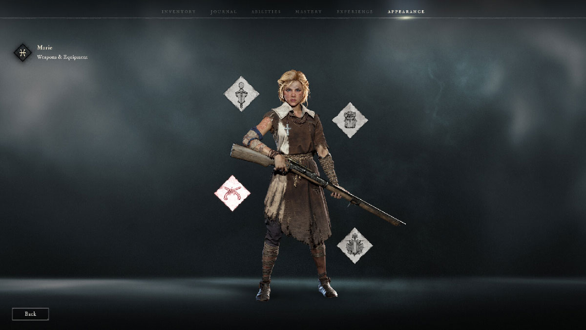 Fiche de personnalisation d'équipement du personnage Marie
