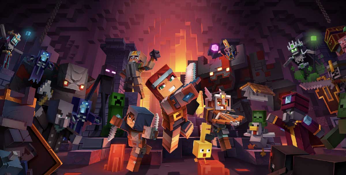 Héros de Minecraft Dungeons II entouré de monstres emblématiques dans une grotte sombre