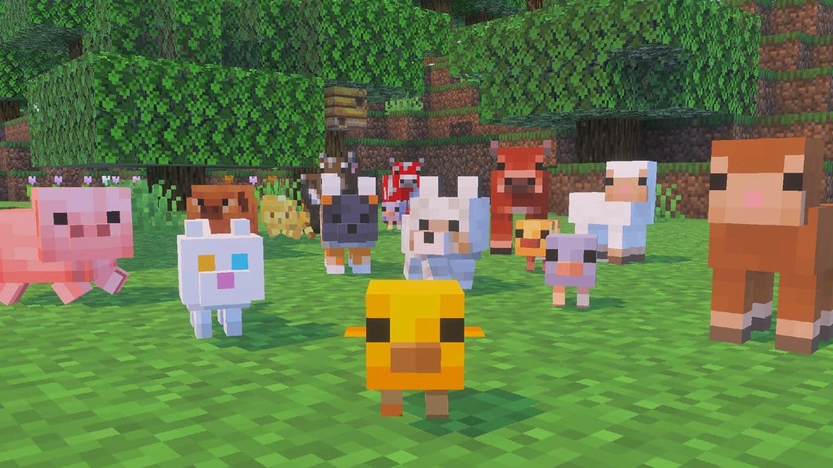 Panel complet des animaux Minecraft incluant cochons, loups et villageois dans le style Tiny Takeover