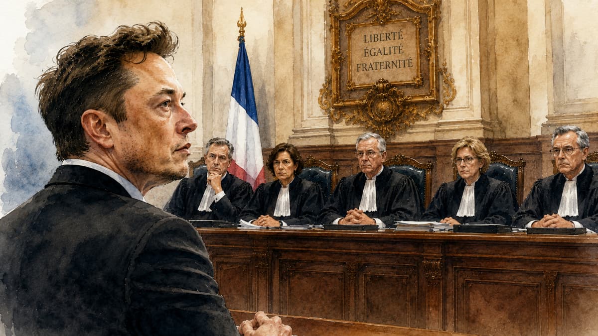 Elon Musk face à des magistrats français dans un tribunal lors de l'information judiciaire ouverte par le parquet de Paris en 2026