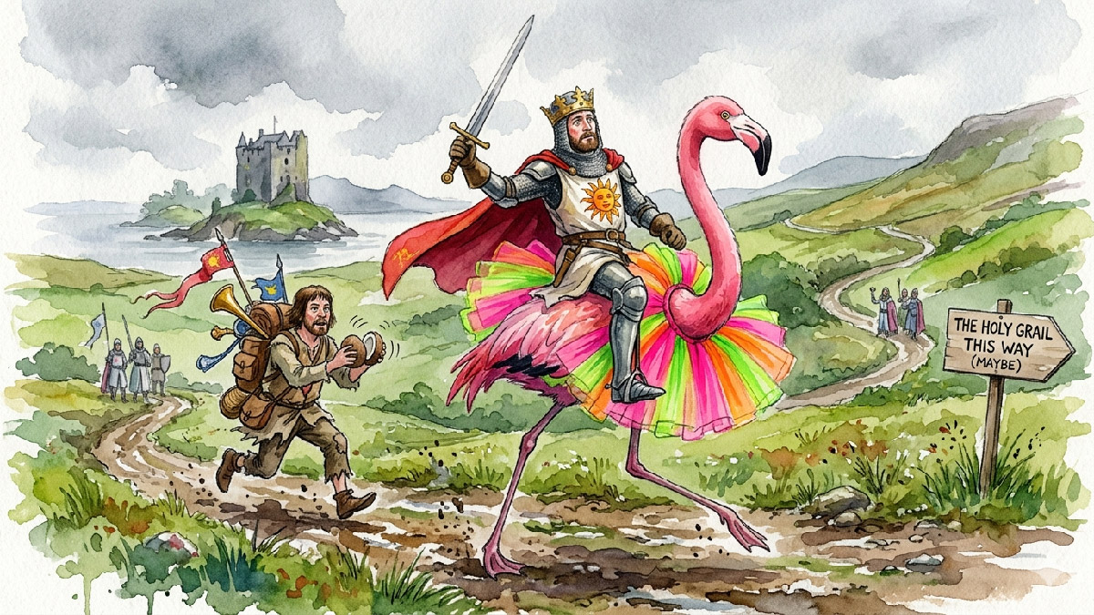 Monty Python King Arthur riding a pink flamingo in a neon tutu, with his squire knocking coconuts together