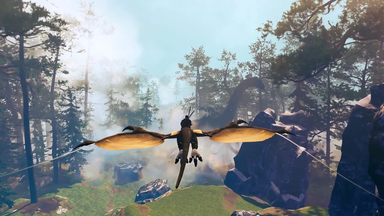 Le joueur sur son dinosaure volant aperçoit un immense dinosaure au loin dans PaleoKin