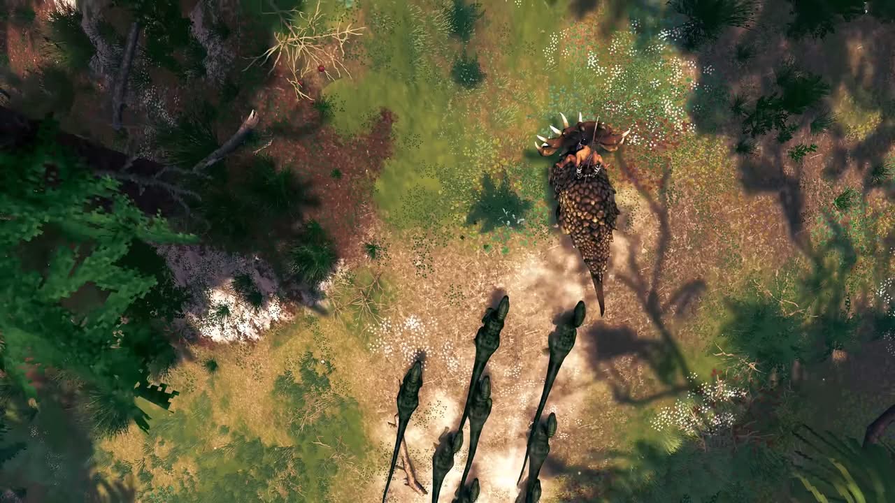Le joueur sur son Tricératops poursuivi par une meute de vélociraptors dans PaleoKin