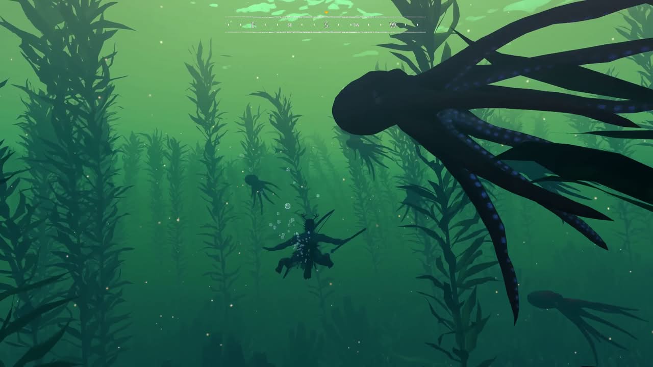 Le joueur nage sous l'eau parmi des pieuvres, algues kelp et poissons dans PaleoKin
