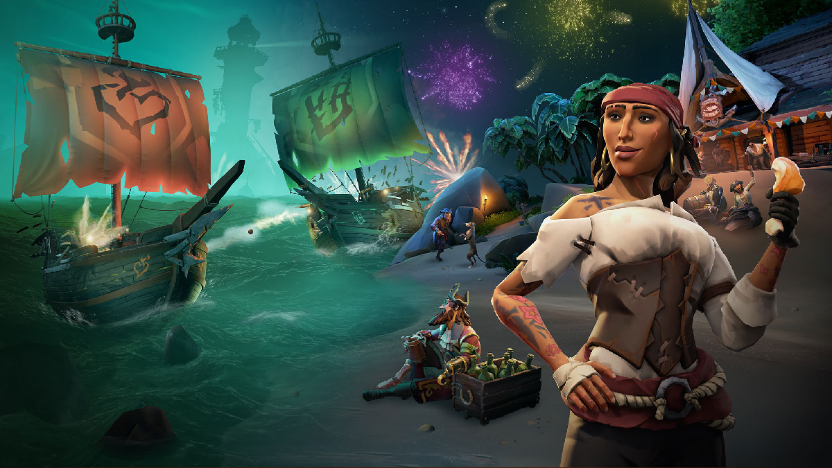 Larinna au premier plan fêtant la Saison 19 de Sea of Thieves avec des feux d'artifice et des galions en arrière-plan