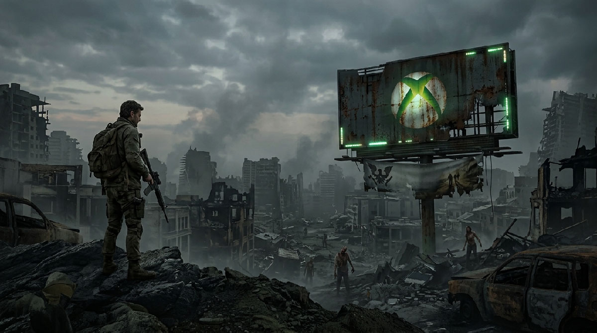 Joueur humain face à des zombies dans une ville en ruine avec le logo Xbox affiché sur un panneau publicitaire géant