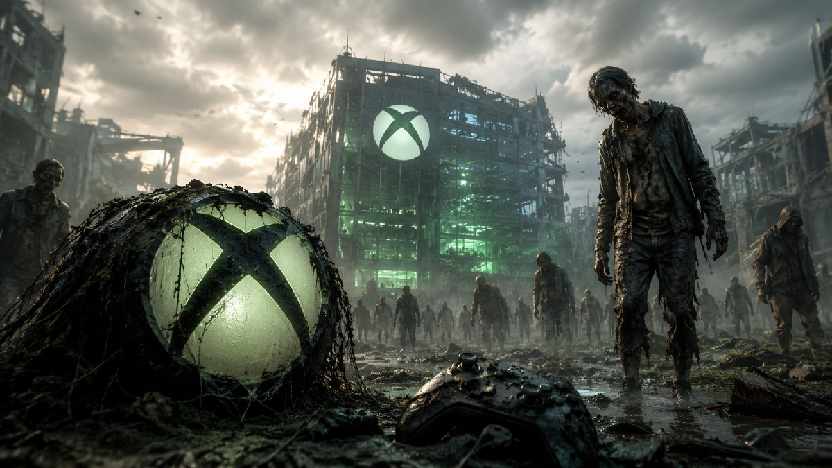 Territoire dévasté envahi par les zombies dans State of Decay 3 avec le logo Xbox