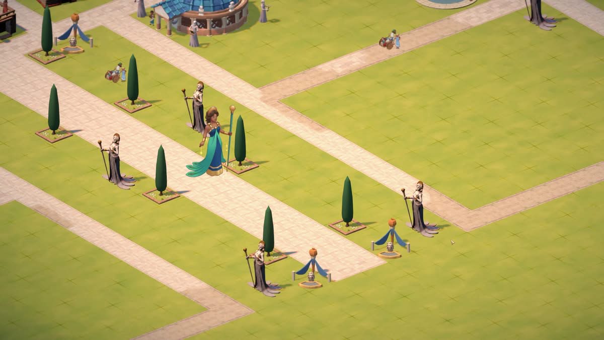 Athéna déesse se promenant dans les rues de la cité dans Theos Cities of Myth