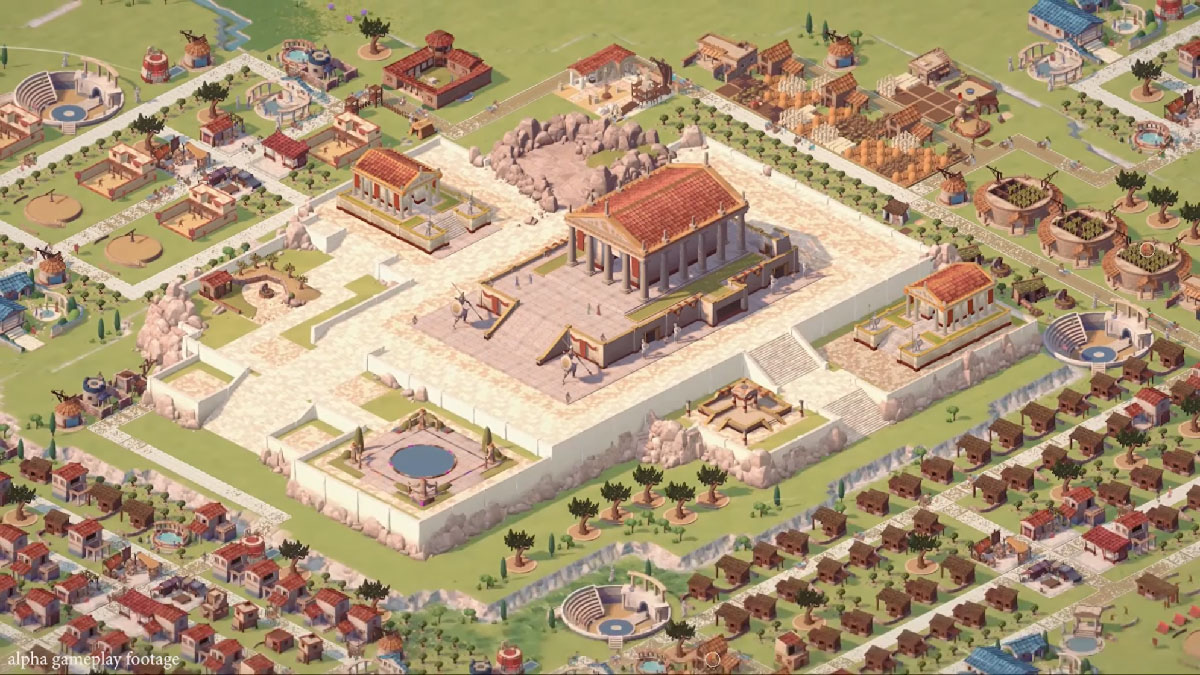Theos Cities of Myth screenshot - Vue d'une cité grecque entière construite en jeu
