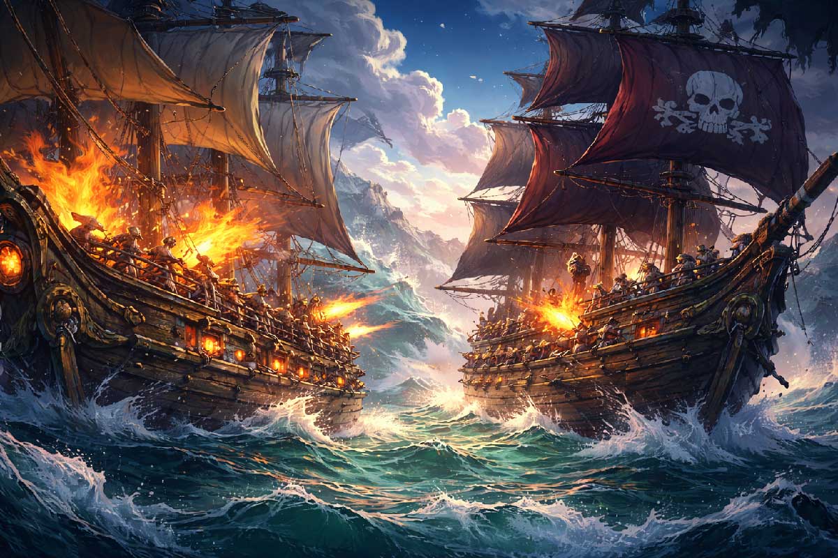 Bataille navale épique dans Windrose avec canonnades et explosions entre deux galions pirates