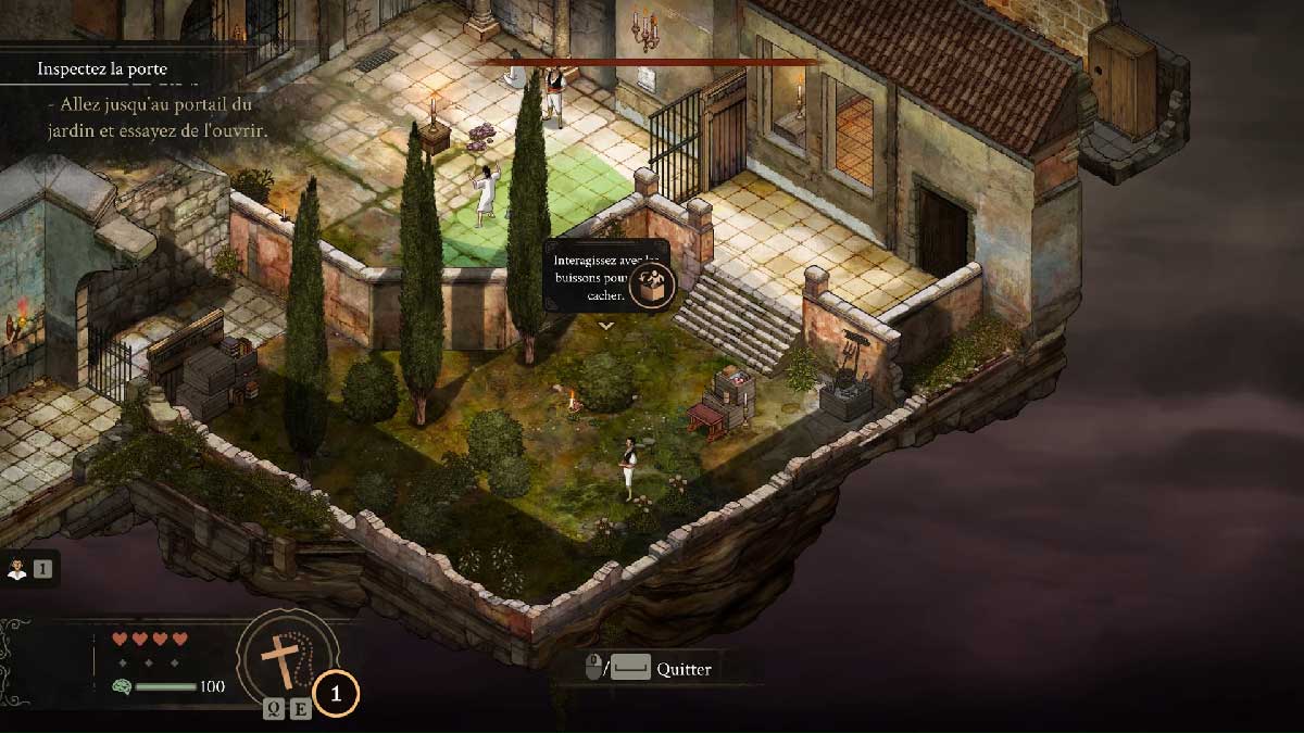 The Stone of Madness infiltration - Le joueur se cache dans un buisson d'une cour extérieure