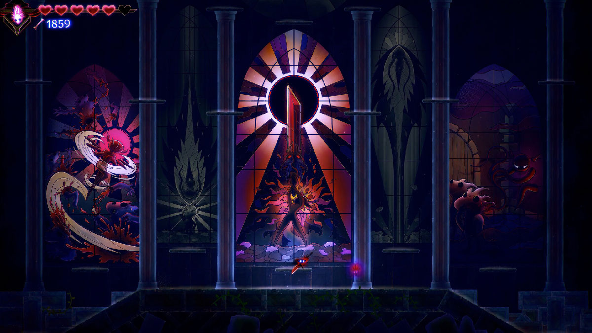Gloom Girl devant des vitraux géants dans DOOMBLADE