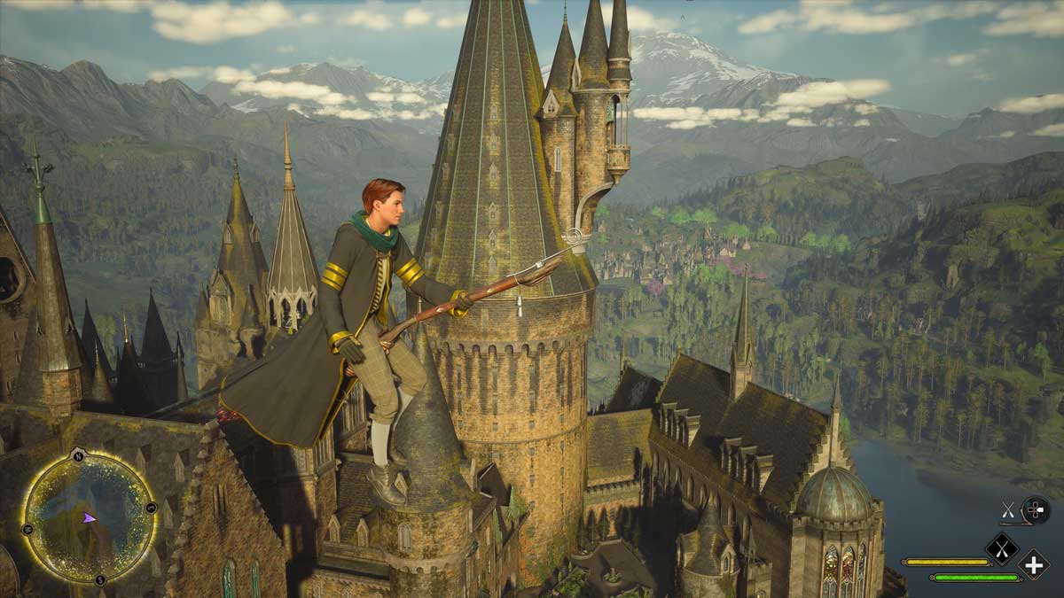 Player on a broomstick in front of Hogwarts towers in Hogwarts Legacy