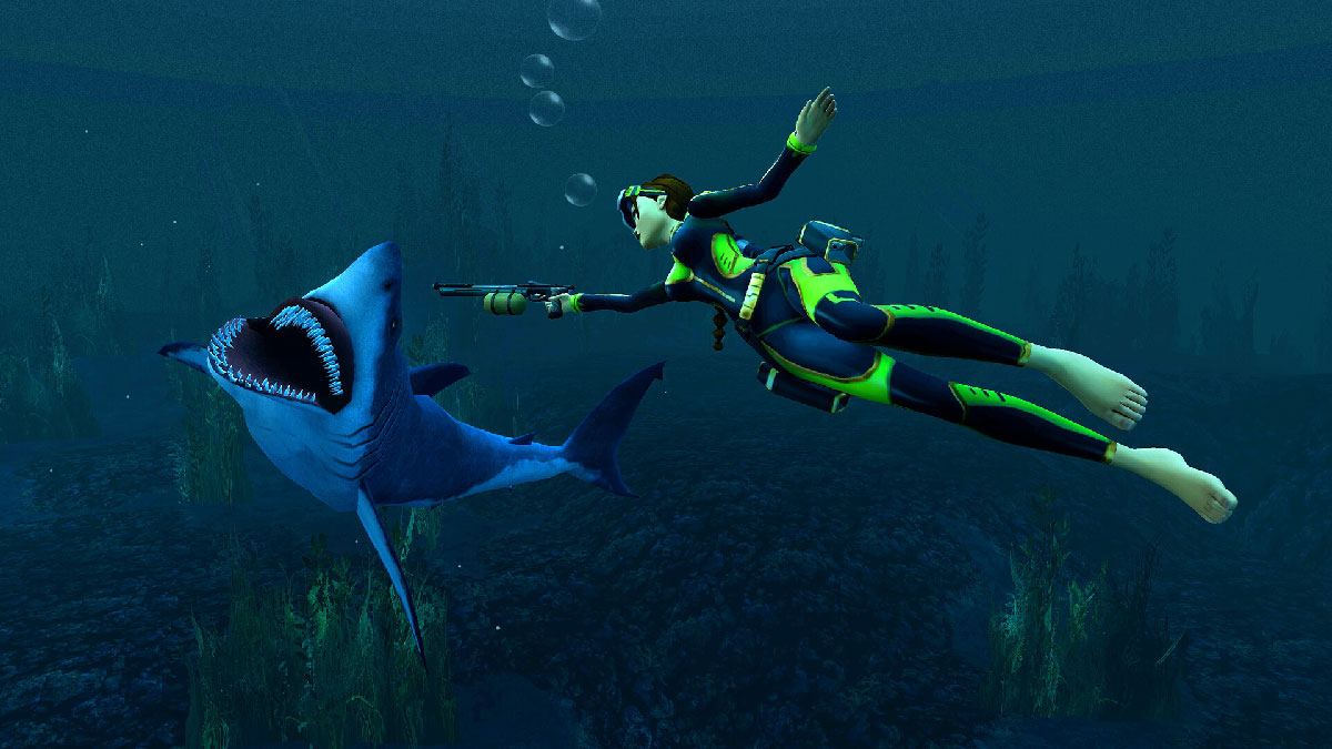 Lara Croft sous l'eau face à un requin
