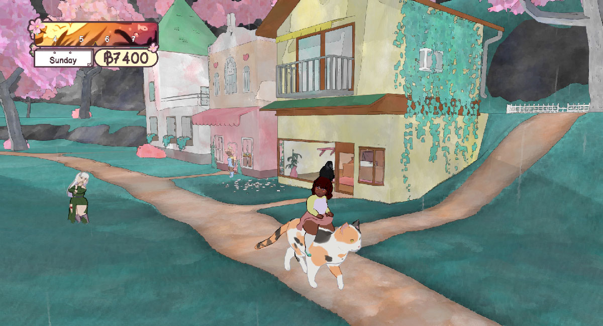 Character riding a giant cat in Calico