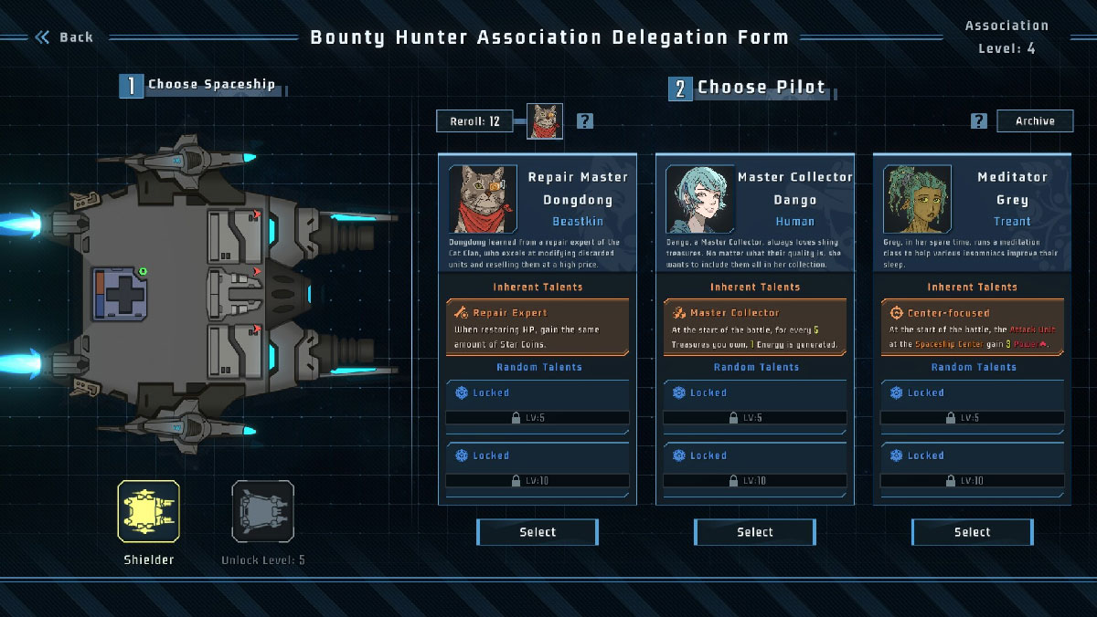 Selecting a pilot with their unique talents in Lonestar