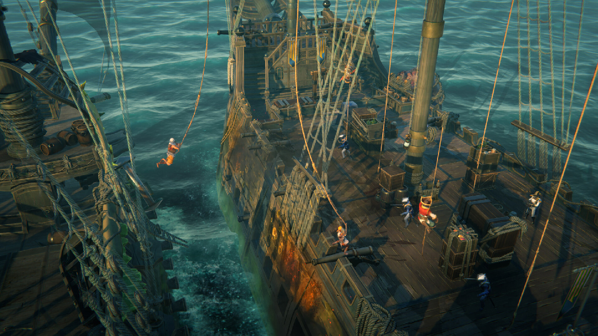 Ship boarding in Rogue Waters, pirate flying on a rope