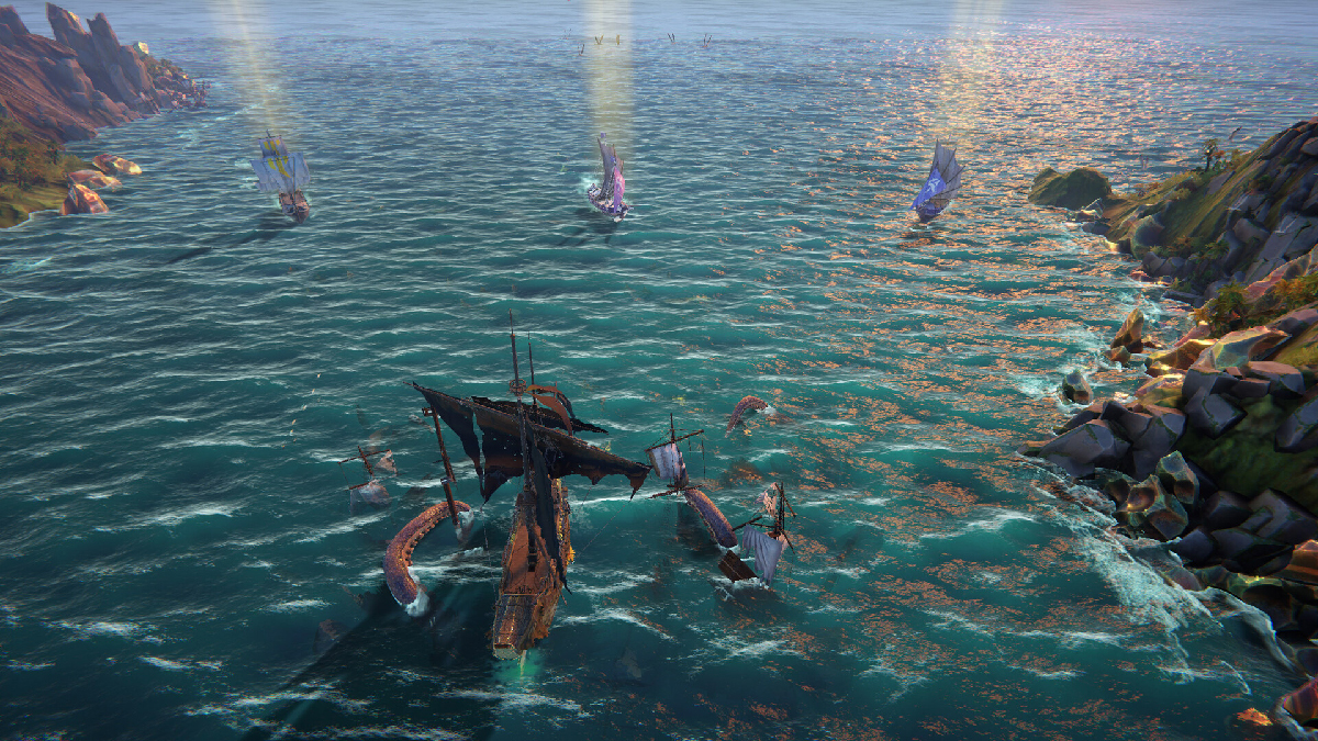 Naval battle in Rogue Waters, ship surrounded by a kraken and three enemies