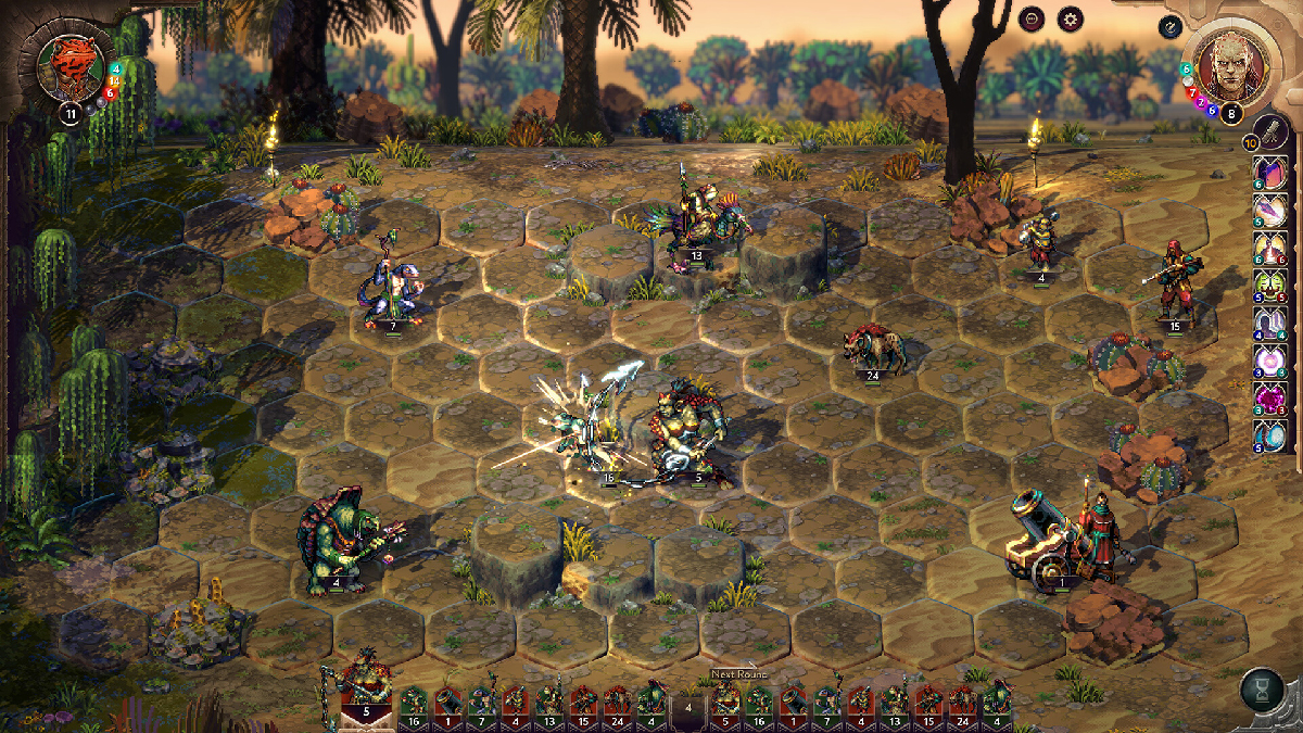 Songs of Conquest battlefield, two armies facing off Heroes of Might and Magic style