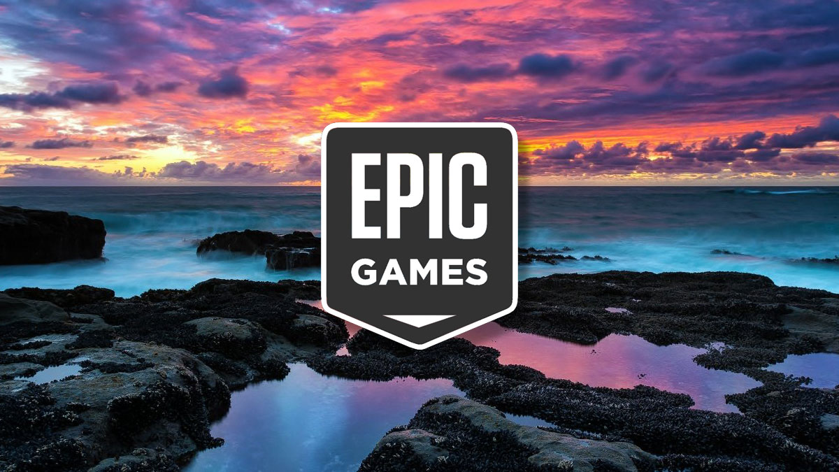 Logo Epic Games Store sur fond de plage au coucher du soleil, jeux gratuits juin 2026