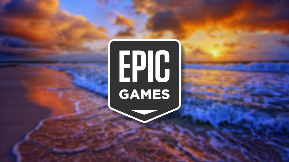 Logo Epic Games devant une plage ensoleillée floutée