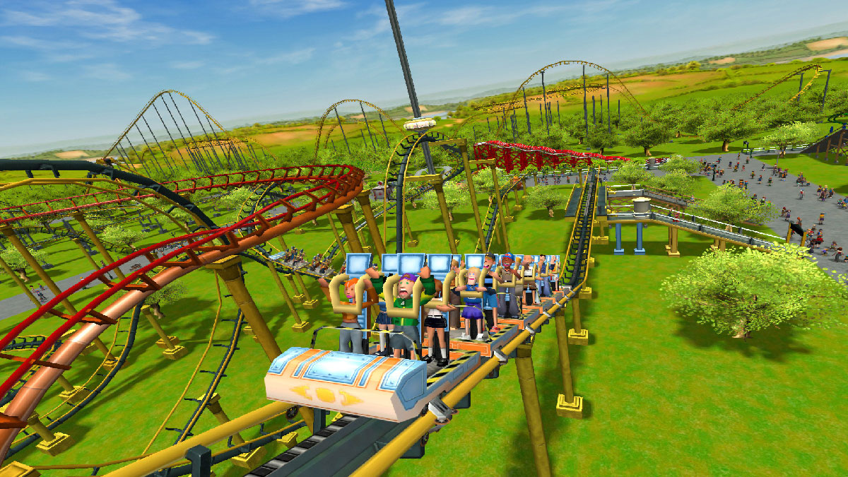 Montagnes russes avec visiteurs dans RollerCoaster Tycoon 3