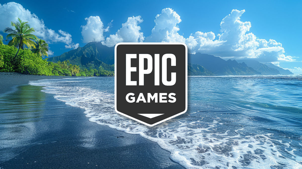 Plage avec logo Epic Games Store en premier plan 2026