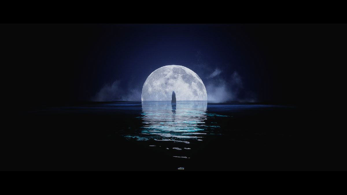 Esprit fantomatique observant l'océan sous la lune dans Luto