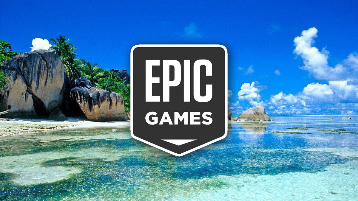 Logo Epic Games, devant une plage