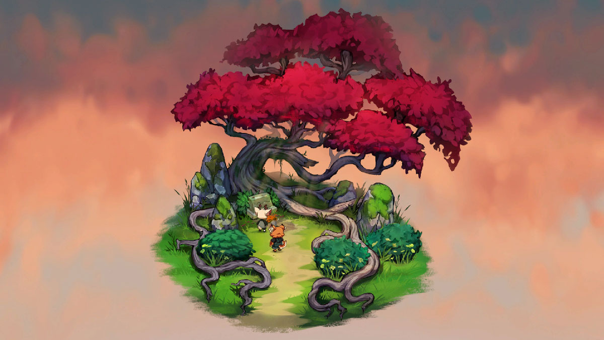 Luka et son ami au pied d'un grand arbre rouge dans Beacon Pines