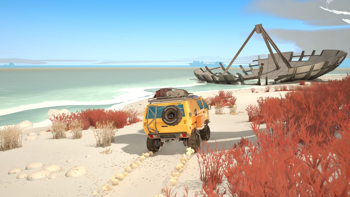 Van Caravan SandWitch roulant devant une plage avec une antenne satellite en ruine