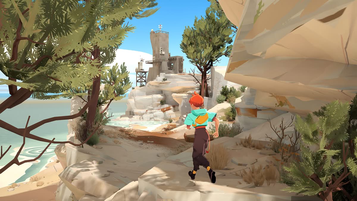 Personnage se promenant sur une corniche entourée de pins et de rochers dans Caravan SandWitch