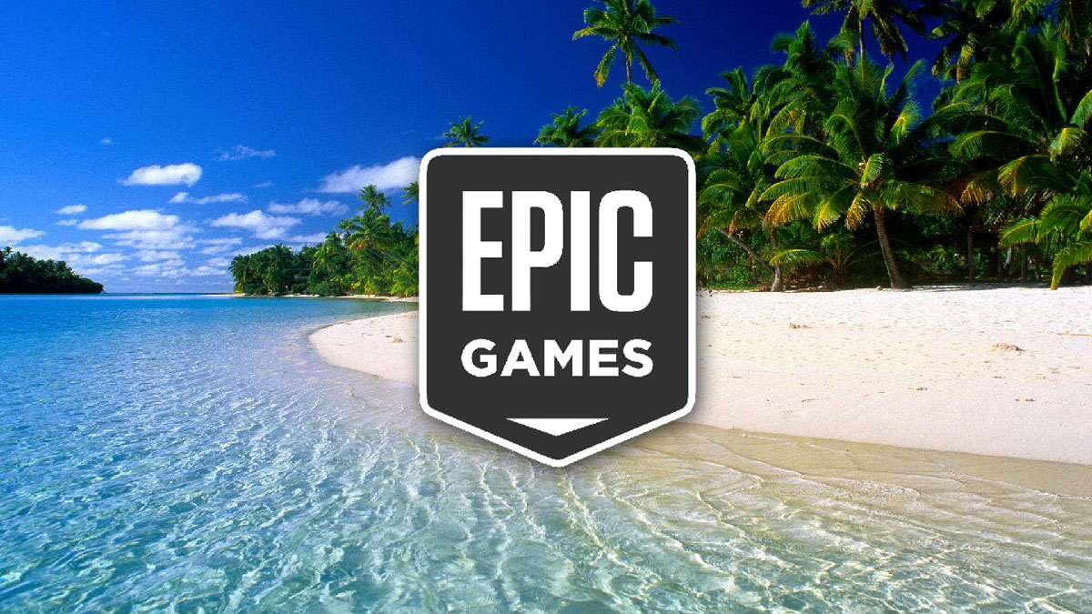 Logo Epic Games Store devant une plage en été, jeu gratuit de la semaine Caravan SandWitch